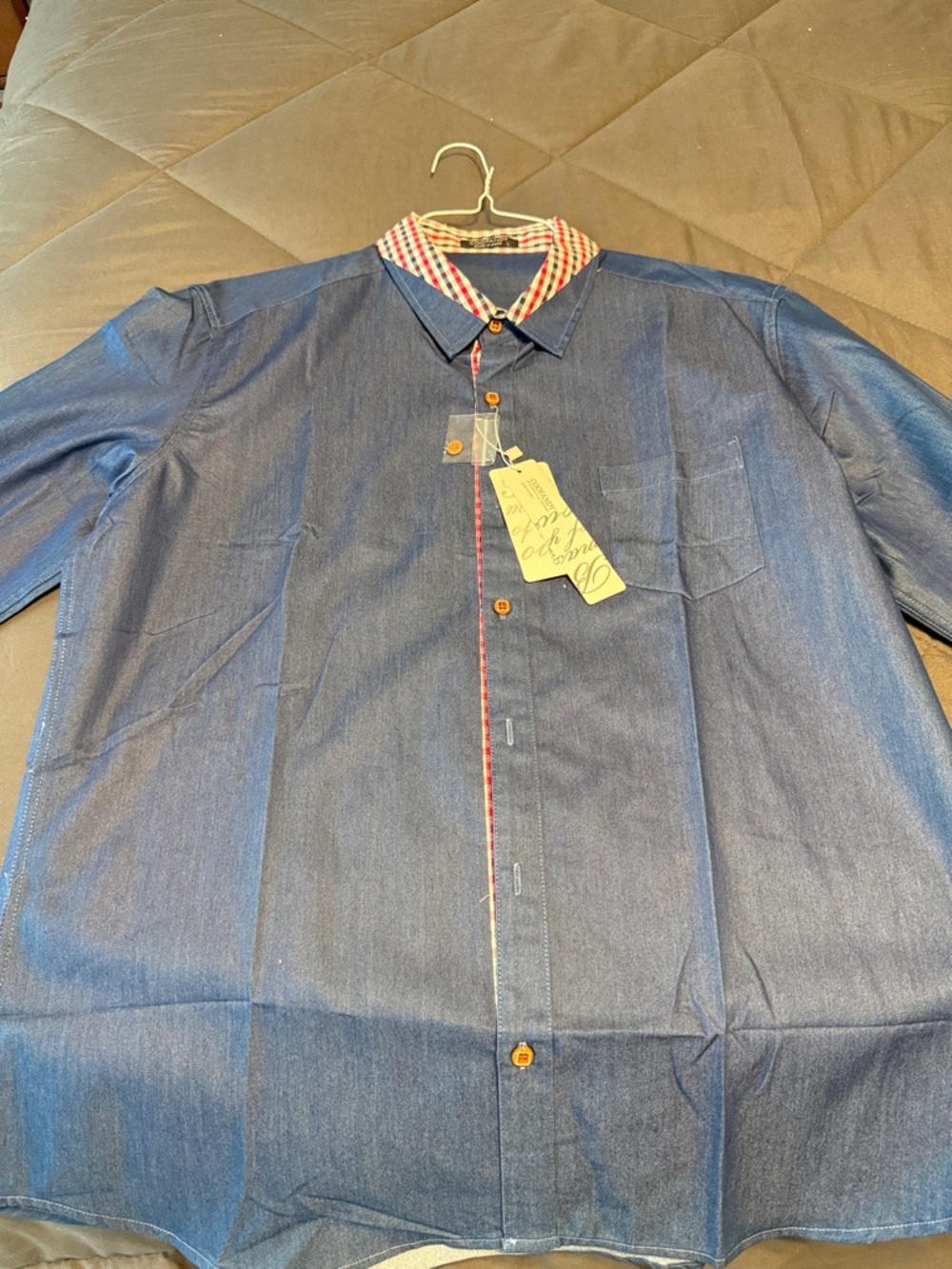 Men's Navy Blue Casual Button-Down Shirt with Check Trim